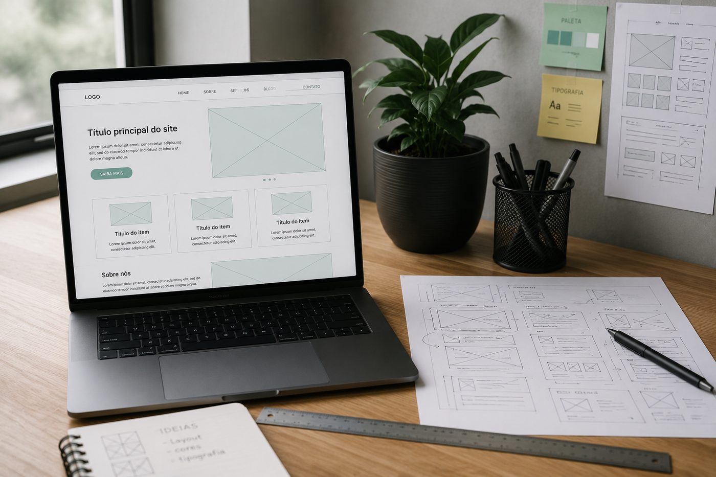 Laptop com protótipo de site em wireframe, ao lado de esboços em papel e paletas de cor